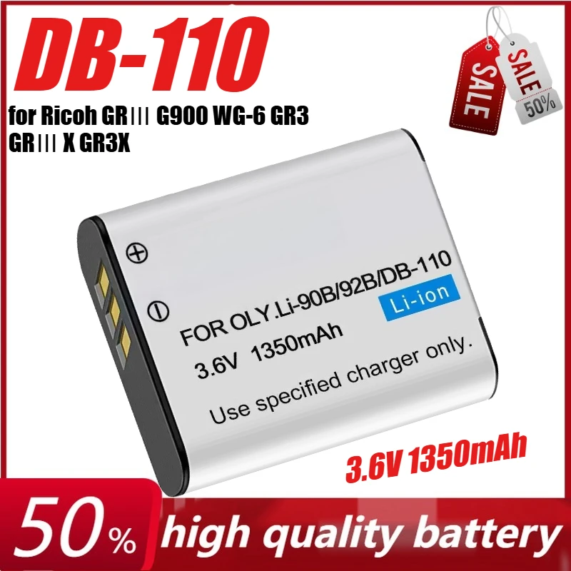 

3.6V 1350mAh DB-110 Battery for Ricoh GRⅢ G900 WG-6 GR3 GRⅢ X GR3X Camera + Dual Charger