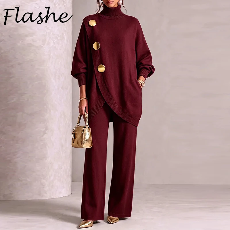 Autumn Winter Women Two Piece Knit Outfit Turtleneck Asymmetrical Sweater Big Buttons Top Wide Leg Pants Suits