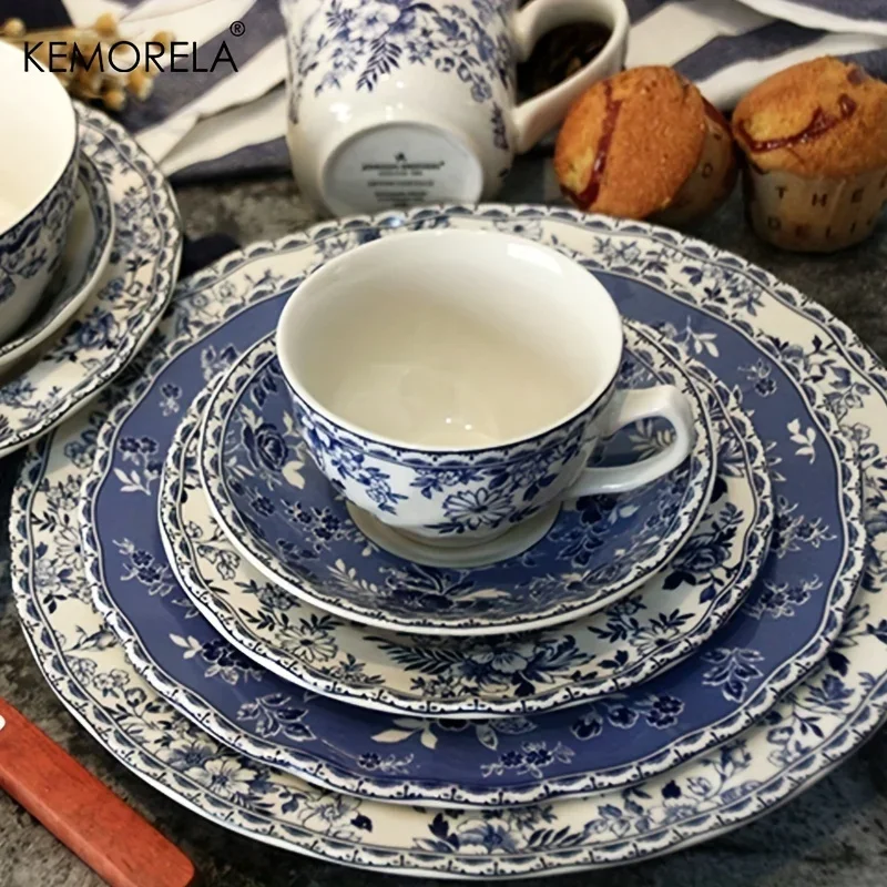 

4PCS Ceramic Dinner Plates Set Classic Plant Flower Pattern for Steak Pasta Dessert Salad - Household & Restaurant Tableware