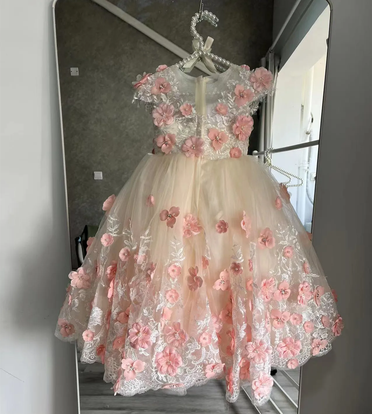 3d Appliques Flower Girl Dresses Floral Tulle For Wedding Party Dresses Birthday Ball Gown For Kids Princess Beauty Pageant Wear