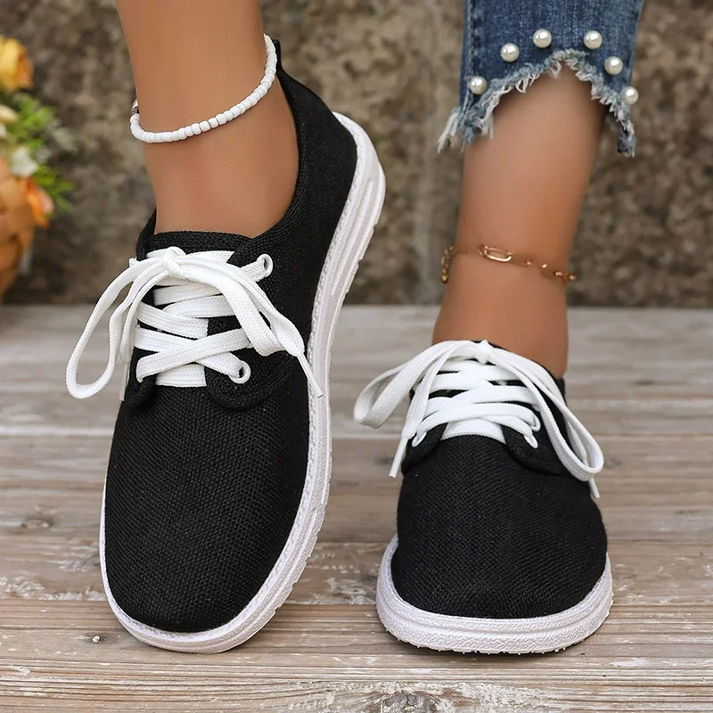 Shoes for Women 2024 Hot Sale Lace Up Spring Women's Flats Round Toe Solid Low Heels Outdoor Breathable Casual Flats Shoes