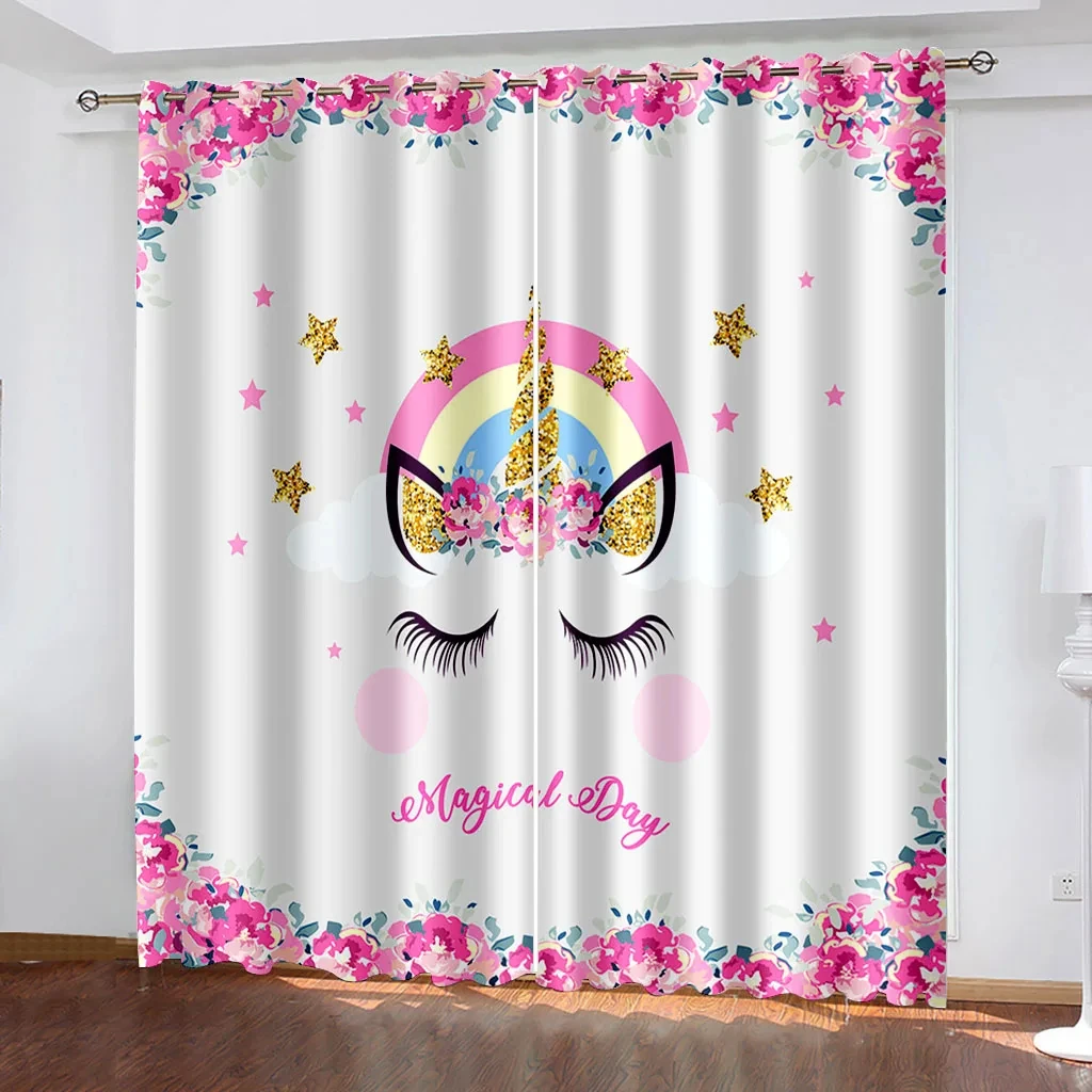 

2 Panel Pink Unicorn Rainbow Curtains for Kids Children Girls Bedroom Window Blinds cortina Grommet Top Living Room Windows Door