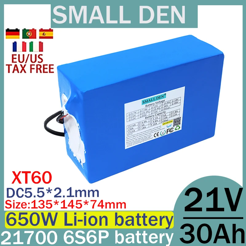 New 21V 30ah lithium battery pack 21700 6S6P 100-650W motor, 30AH built-in 30A BMS scooter bicycle rechargeable cycle battery