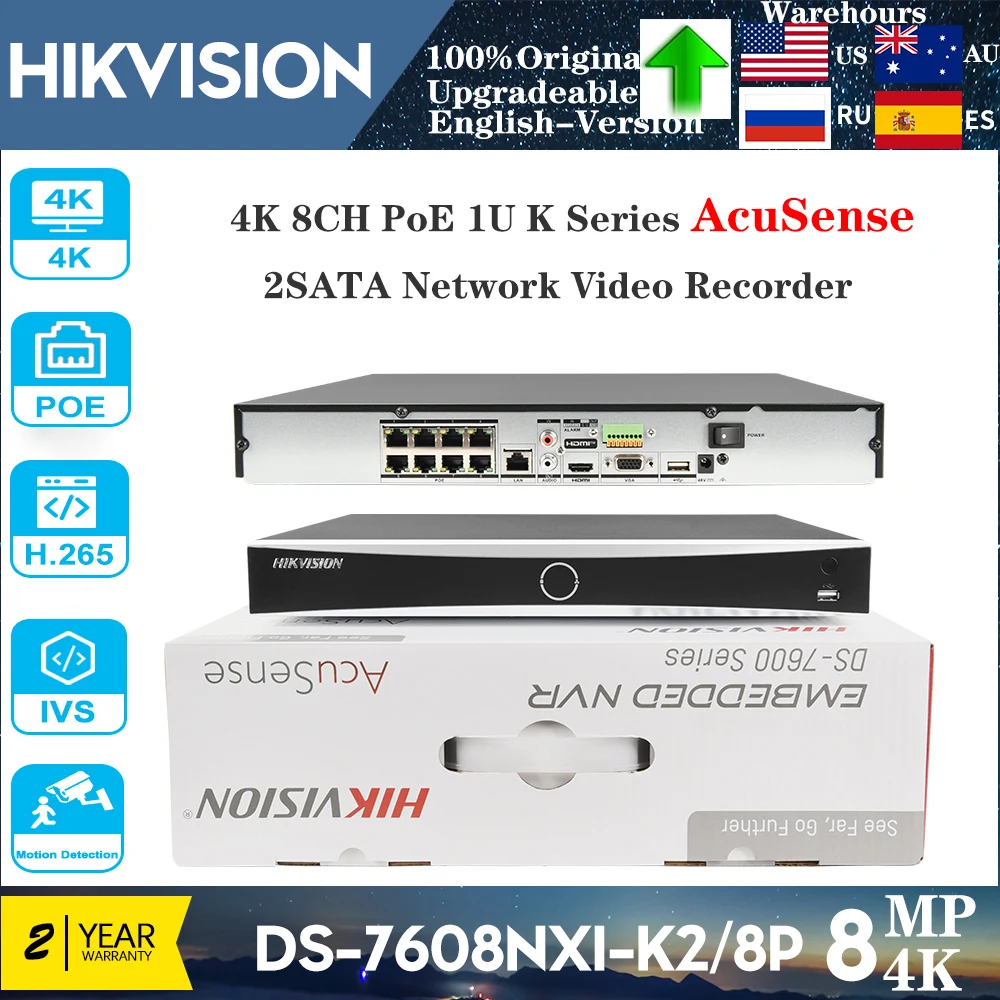 Original Hikvision DS-7608NXI-K2/8P 4K AcuSense NVR 8CH For IP Camera Video Recorder PoE NVR ANPR AND Face Detection