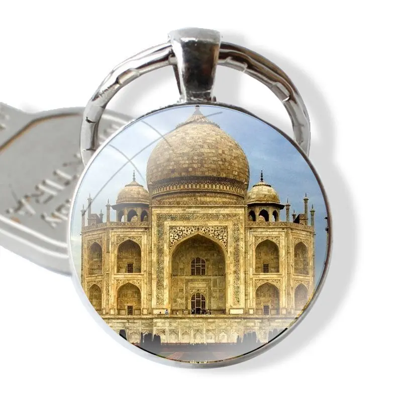 Keychain Glass Cabochon Metal Pendant Classic Men's Women's Keyring Elegant Taj Mahal India scenery