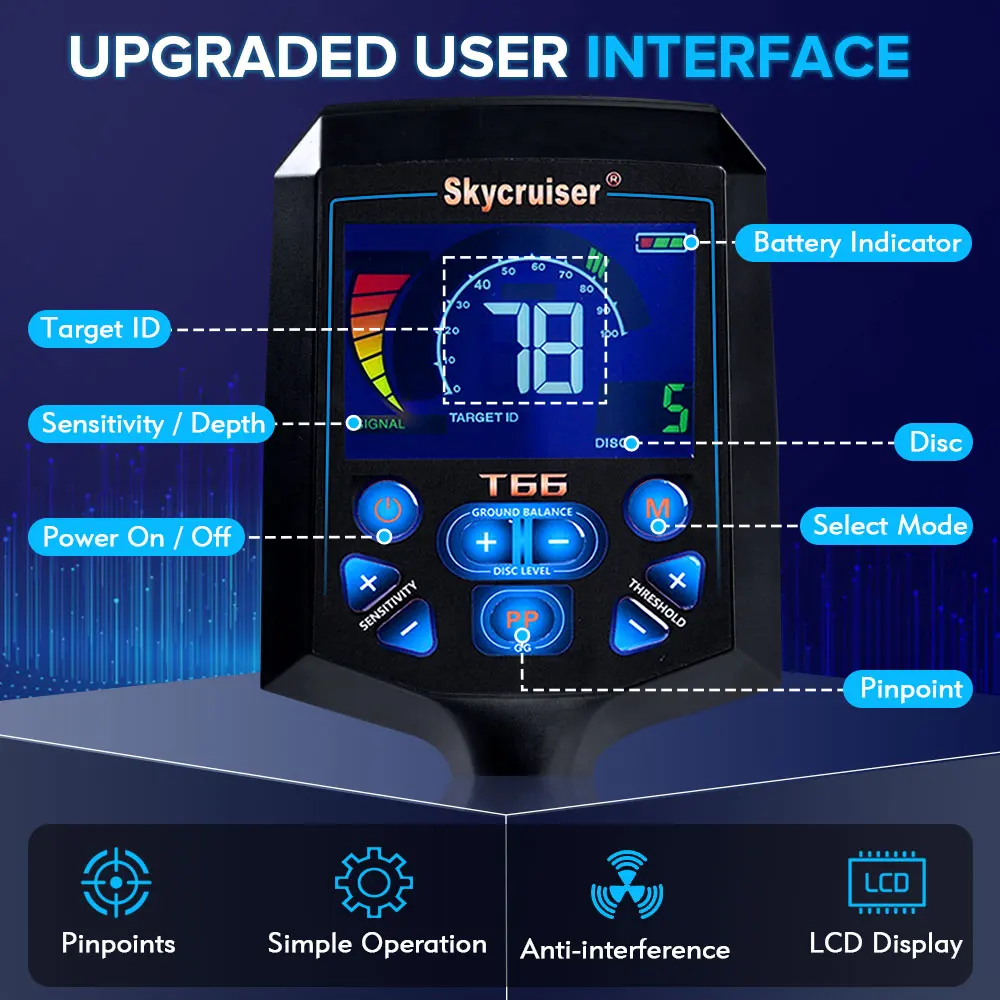 Professional Underground Metal Detector with LCD Display, Outdoor Hand-held Gold Detector, Treasure Seeker, High Accuracy, T66