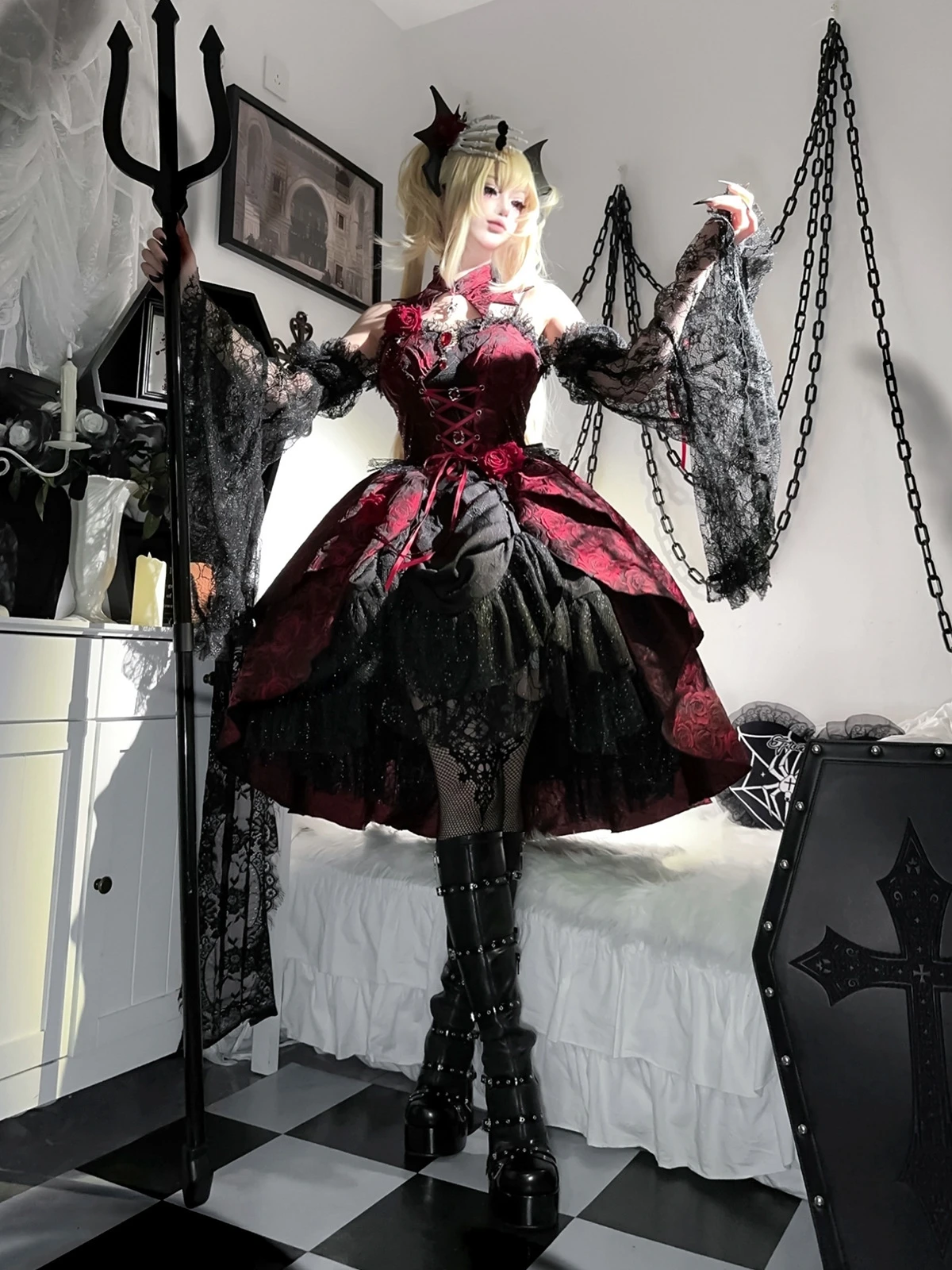 Originale Rose Jsk Lolita Palace Abito rosso nero con cinturino gotico Patch in pizzo Abito estivo Dobby Cake Ball Gown Gonna Vestido