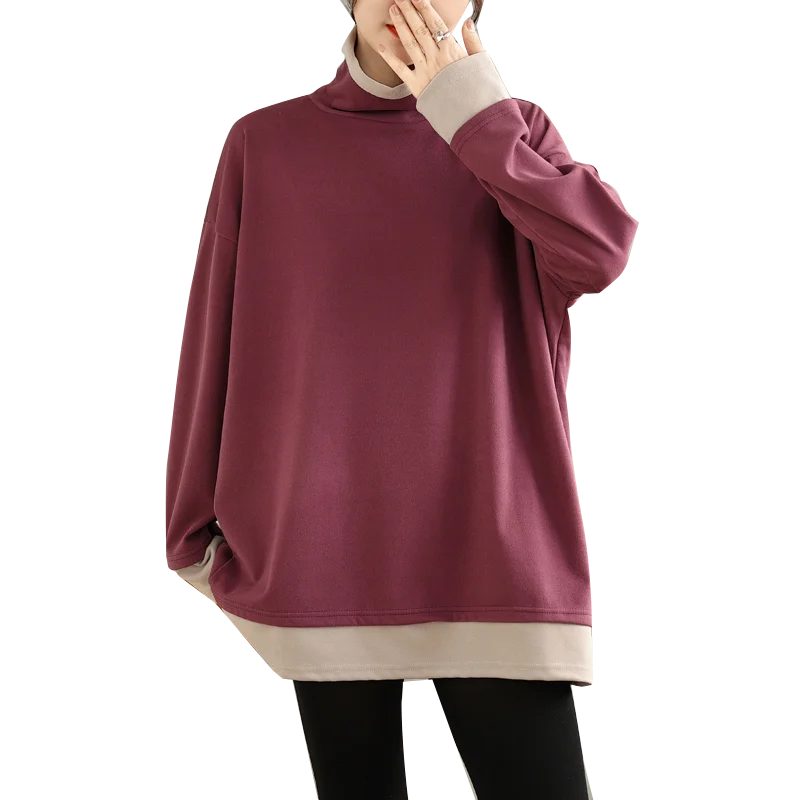 Laid-ba contrasterende kleur Blo hoge kraag sweatshirt grote maten Faionable halflange basis irt trendy top voor dames