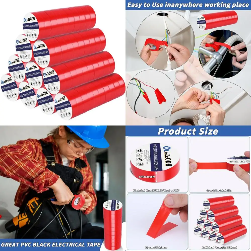 

100 рулонов красной виниловой электроизоляционной ленты 3/4 дюйма x 66 футов - водонепроницаемая, высокотемпературная изоляция для обмотки и защиты проводов