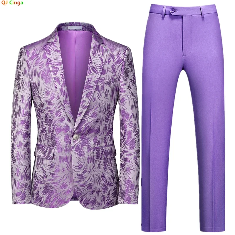 

Light Purple Men's Two-Piece Suit, Wedding Party Dress Slim-Fit Jacket with Trousers, Gold Red Blue Yellow Purple Sets.