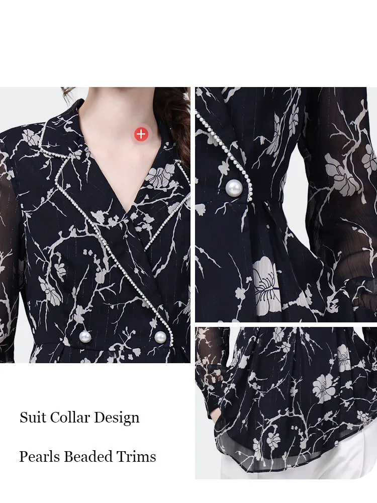 Fashion Women Spring Autumn Long Sleeve Suit Collar Floral Printed Shirt Elegant Vintage Lightweight Chiffon Blouse Tops