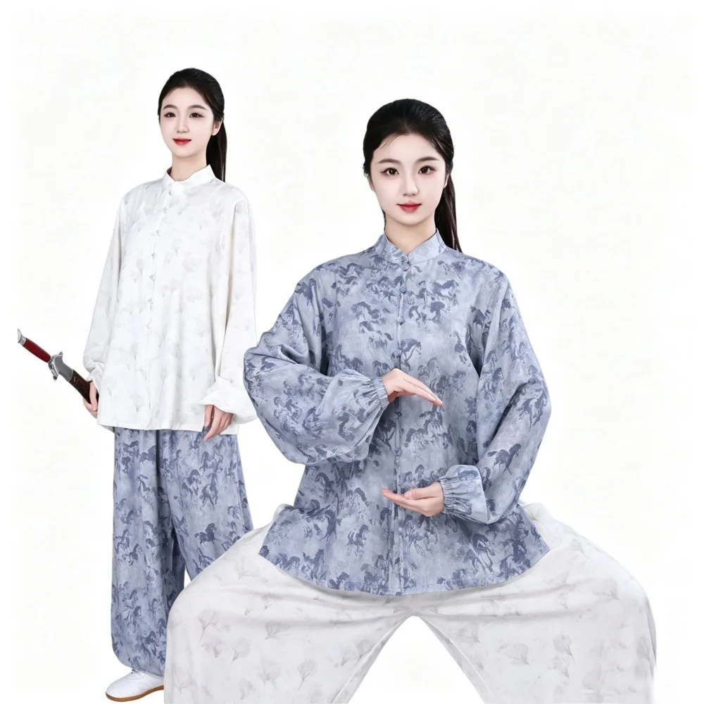 Traje de Tai Chi de Algodón y Lino Suave para Mujer, Estampado Vintage, Uniforme de Kung Fu Chino, Cuello Mao, Ajuste Holgado, Brocado de Ocho Secciones