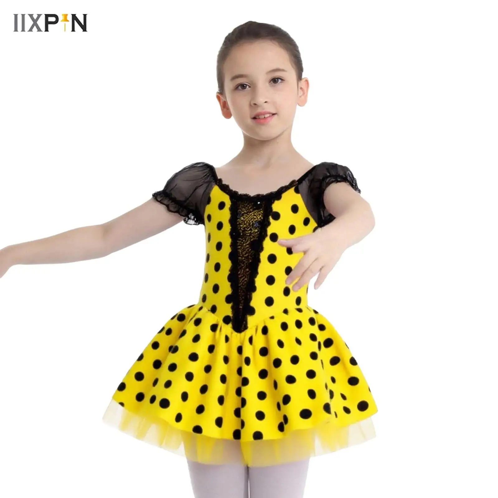 

Girl's Ballet Tutu Dress Short Puff Sleeves Shiny Sequins Color Block Dots Dance Dress with Built-in Briefs for Performance