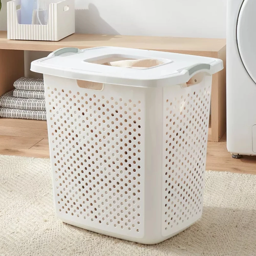 

23 Gallon/88L Mesh Laundry Hamper with Lid,White Plastic Laundry Basket with Green Handles For Dirty Clothes,22"L x 18"W x 22"H