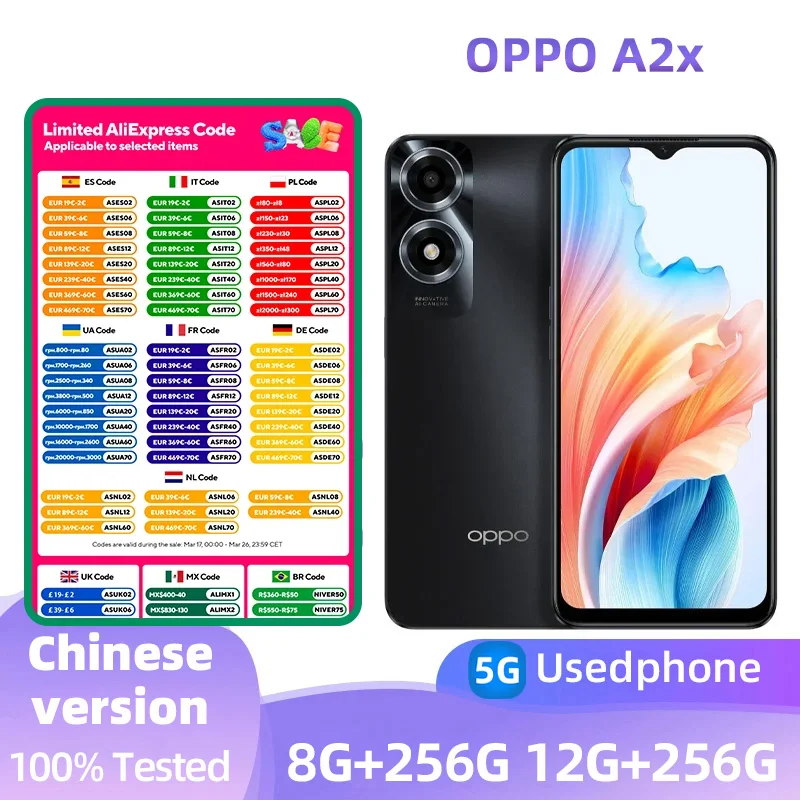 OPPO A2x 5G Android CPU Dimensity 6020 6.56 inches ROM 128GB 90hz Screen 5000mAh Charge 13MP Camera OIS Camera used phone