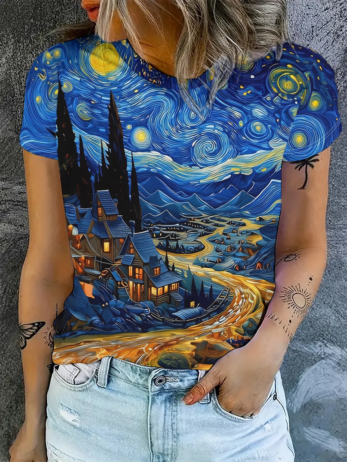 Women Crew Neck Short Sleeve T-shirt Van Gogh Starry Night Village Landscape Oil Painting Print Art Casual Summer Top
