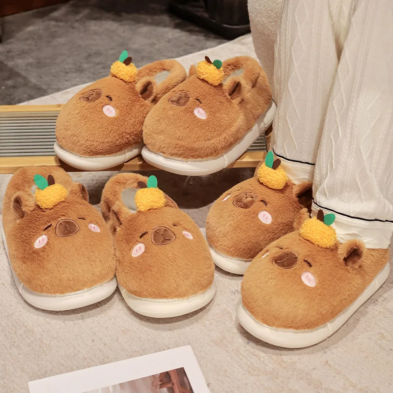 37-44 Cute Cartoon Capybara Cotton Slippers Full Wrap Heel Home Soft Non-slip Warm Breathable Indoor Plush Shoes Couple Slippers