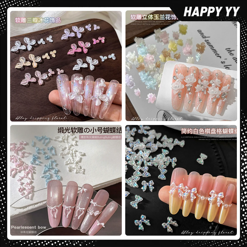 50/100/200/300pcs Mini Ribbon Bowknot Nail Charms Cute FLOWER Mixed Resin Bowknot Nail Art Decoration Manicure Jewelry