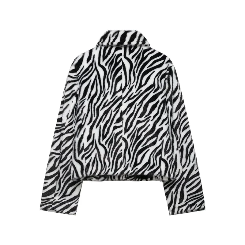 Guobioziy Women's Jacket 2026 Autumn/Winter New Fashionable Versatile Long-Sleeve Turn-Down Collar Zebra Print Plush Coat