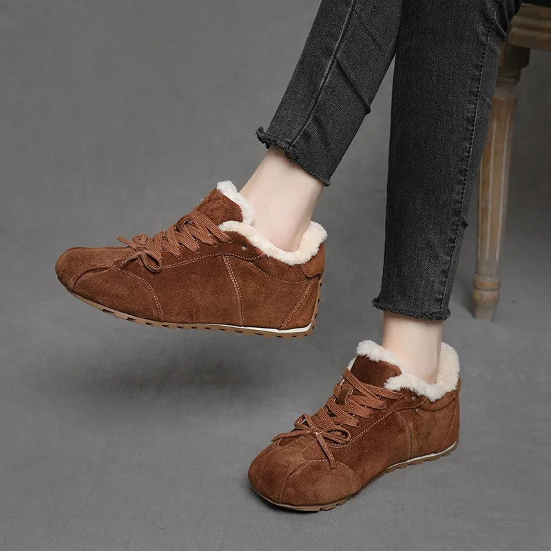 Cow Suede Leather Autumn and Winter New Lamb Wool Retro Versatile Warm Bow Casual Shoes Women Lace-up High-quality
