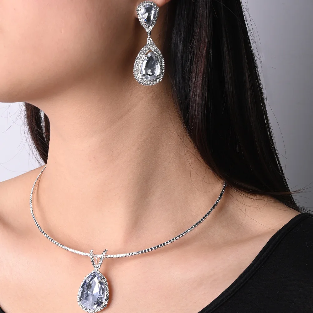

2pcs/set Jewelry Sets Wedding Season Women's Fashion Water Drop Rhinestone Choker Necklace Earring Wedding Banquet Festival Gift