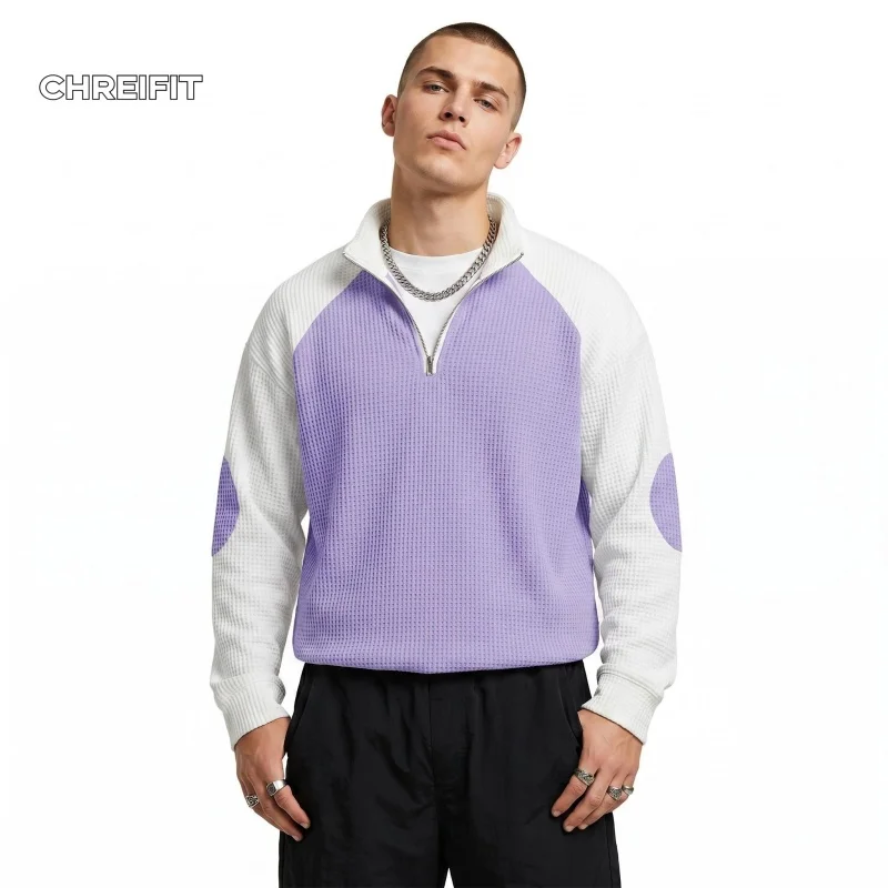 

CHREIFIT Men's Half Zip Pullover Waffle Knit Sweater Vintage Y2K Streetwear Oversized Hip Hop Top Autumn Winter Fashion