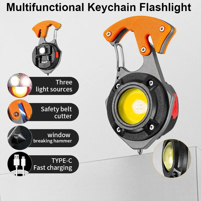 Multifunctional Keychain Flashlight Rechargeable Camping Torch Safety Cutter Window Breaker Hammer Outdoor Emergency Work Lamp