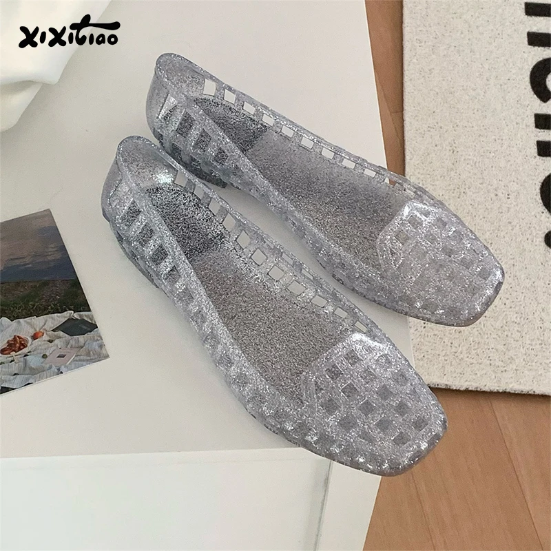 XIXITIAO Summer Women's Sandals French Crystal Casual Fashion 2026 Elegance Flat Transparent Silver Hollow Jelly Shoes Ladies image 3