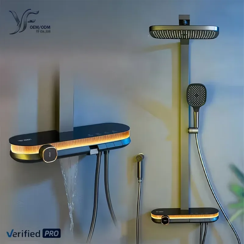 Luxury LED Digital Shower System Rectangle Rainfall Handheld Smart Control Panel Bathroom Faucet Set For Modern Apartment