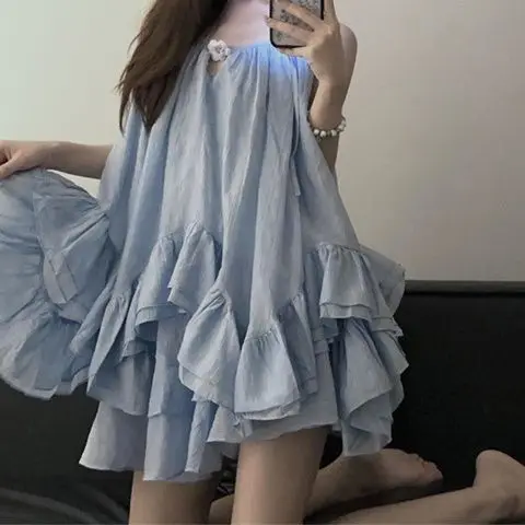 Korejepo Japanese Cute Irregular Suspender Dresses Loose Irregular Pleated Versatile Fashion Sweet Dress Goddess Gentle Vestido