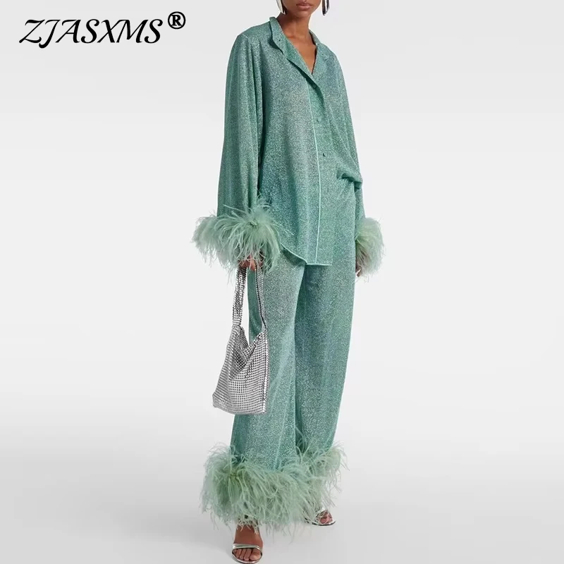 Y2K Style Women Elegant Feathers Decoration Sets Spring Stand Collar Button Blouse Shirts Wide Leg Pants Outfits Solid Fall Suit