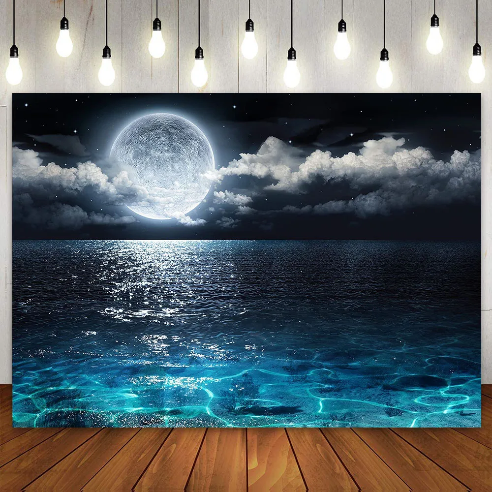 Night Sky Backdrop Full Moon Blue Ocean Photography Background Sea Vinyl Photo Booth Props Wall Decoration Photoshoot Studio