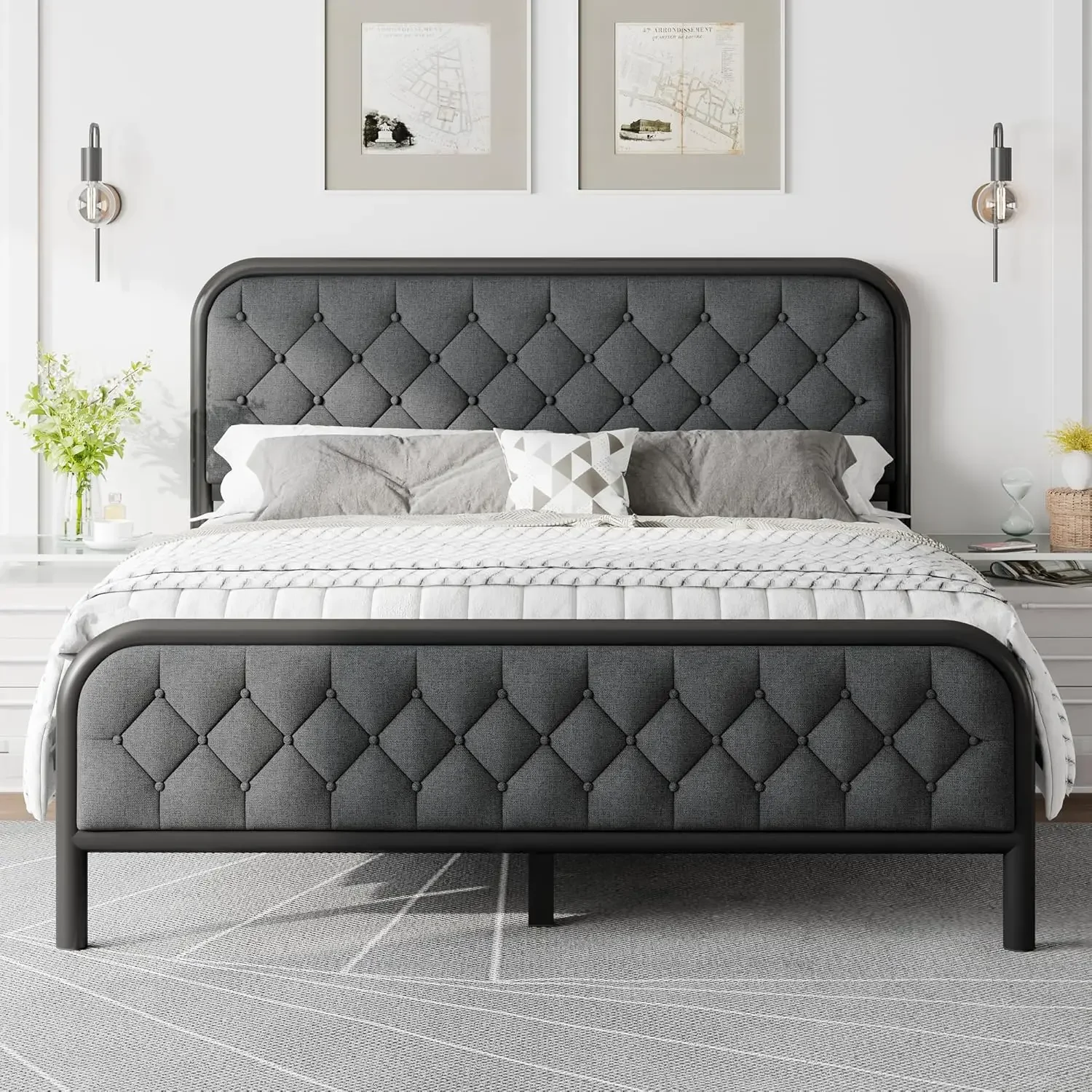 Size Bed Frame, Upholstered Metal Bed Frame with Liene Tufted Headboard, Heavy Duty Metal Slats, 12