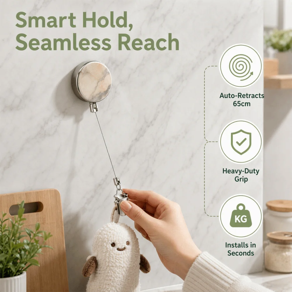 Stainless Steel Retractable Towel Clip Self-Adhesive Marble-Pattern Metal Hanging Clip Punch-Free Retractable Hook Bathroom