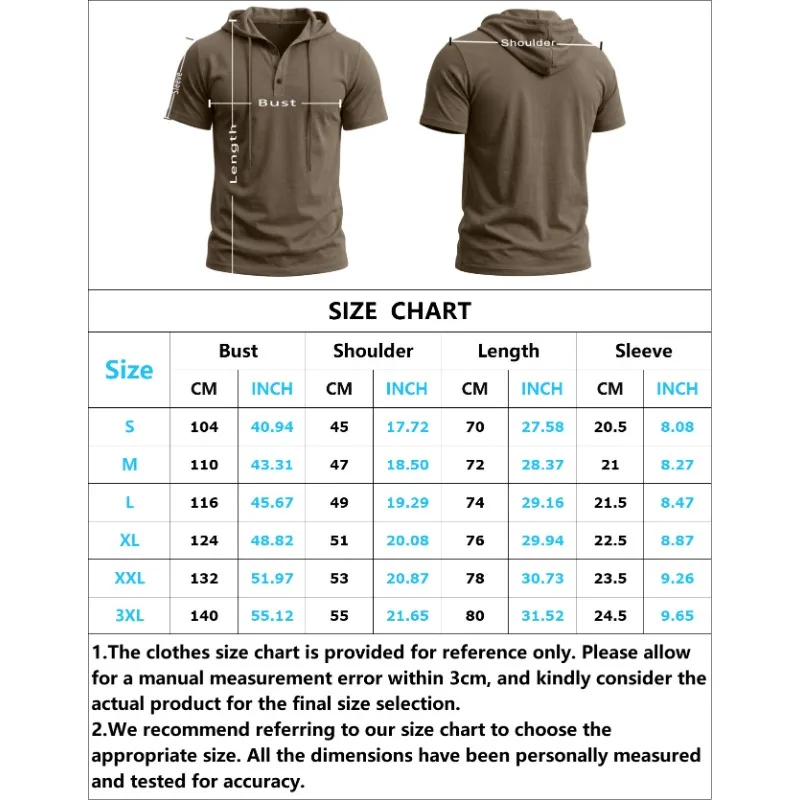 Men's Short Sleeve Hooded Henley T-Shirt Solid Color Button Drawstring Casual Summer Hoodie Tee