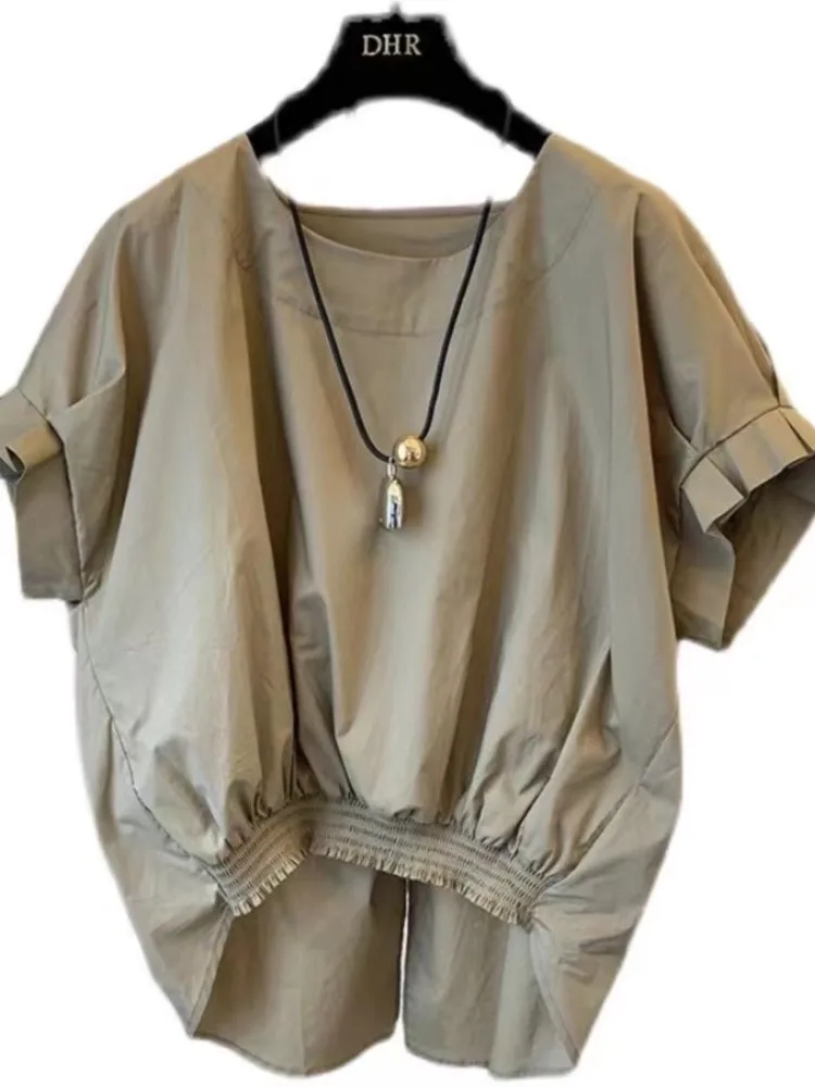 Cotton Asymmetrical Crop Blouse Women Korean Pleated Bow Bandage Shirt Casual O-neck Solid Elegant Blusas Mujer Moda
