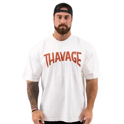 Fitness Thavage Shirt Men Running Sports Loose Oversized T-shirt Short Sleeve Cotton Summer Men's Bodybuilding Workout Top Men's