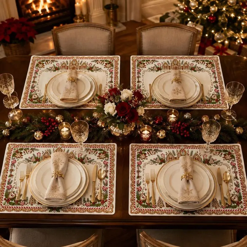 VIKAMA Gingerbread House Man Candy Cane Border White Christmas Placemat Linen Cotton Pad for Xmas Dinner Table Decor Home Decor