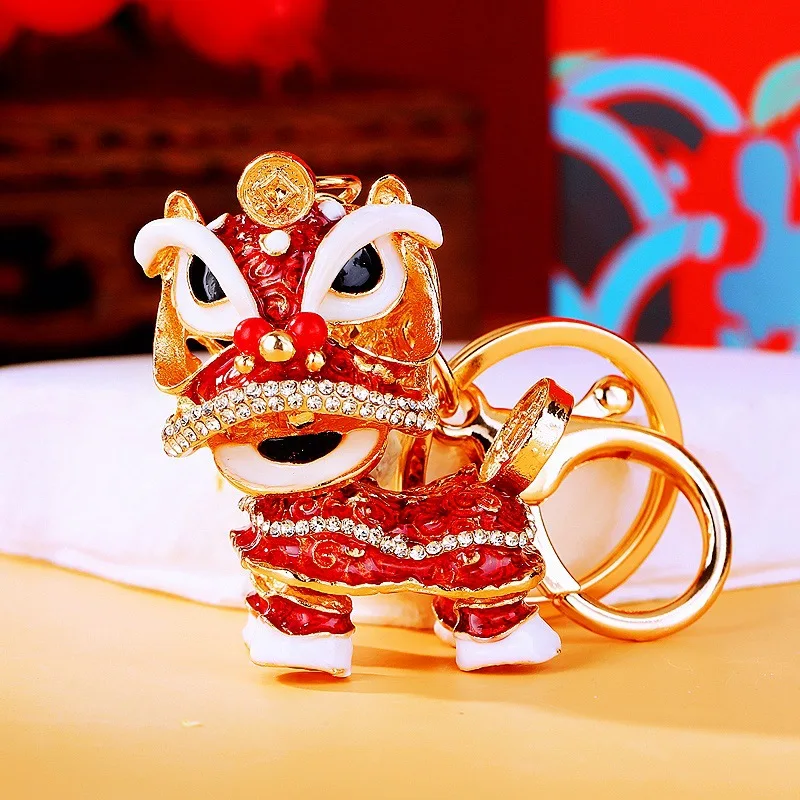 

Creative Chinese Lion Dance Chinatown GIFTS Car Keychain Crystal Lucky Mascot Key Chain Ring Souvenir Women's Handbag Accessory