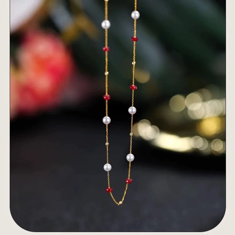 

New Real 18K Yellow Gold Natural Ruby Freshwater Pearl Necklace Pendant Au750 Fine Jewelry Round Aniversary Gift For Women Orig