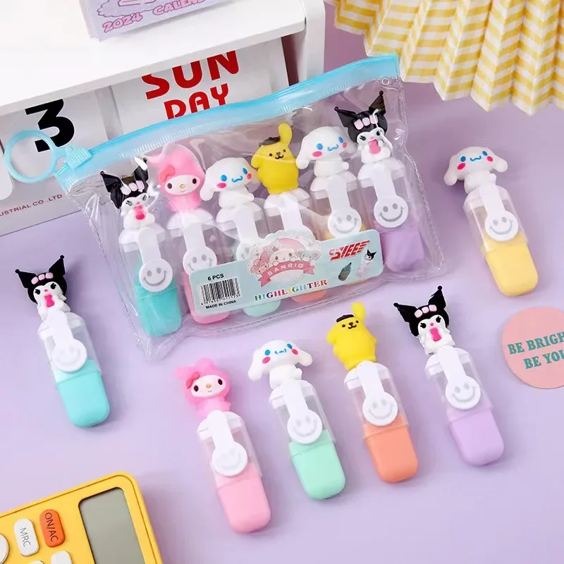 6 Pieces  Kawaii Sanrio mymelody Kuromi Cinnamoroll Pom Pom Purin Fluorescent Highlighter Pen Markers Pastel Drawing Pen