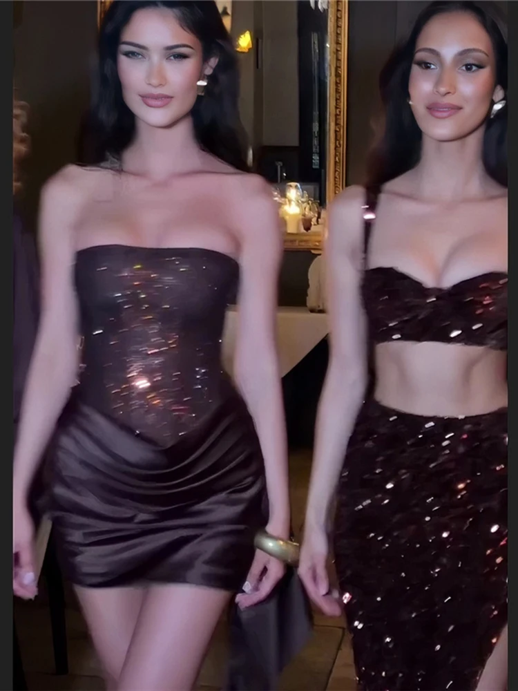 Kliou Paillettes Patchwork Mini Robe Femme Poitrine Wrap Dos Nu Ruché Ruban Décoration Hottie Minuit Prom Party Élégant Moulante