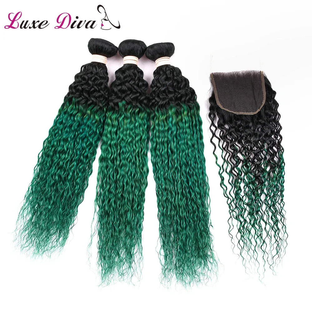 Luxediva T1B/Green Kinky Curly Hair Bundles With Closure Brazilian Human Hair Weave Remy Hair Extensions With Lace Closure Afro