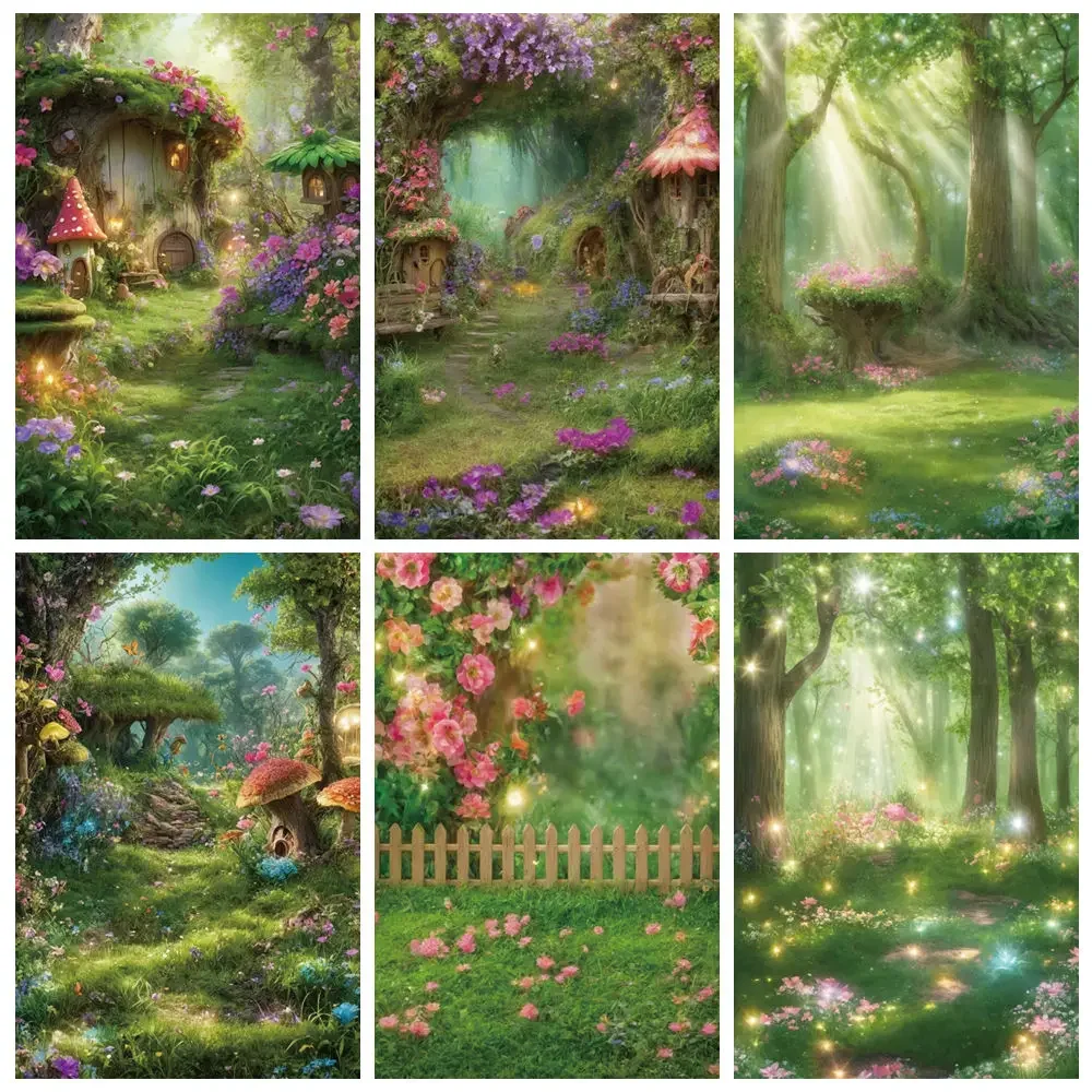 

MOON.QG Fairy Forest Spring Birthday Background Photography Trees Flower Fence Photozone Backdrop Baby Studio Photobooth Props