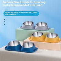 1pc Stainless Steel Double Dog Bowl Cat Food Container Non-slip Base Pet Water Feeder Tilt Safeguard Neck Bowls