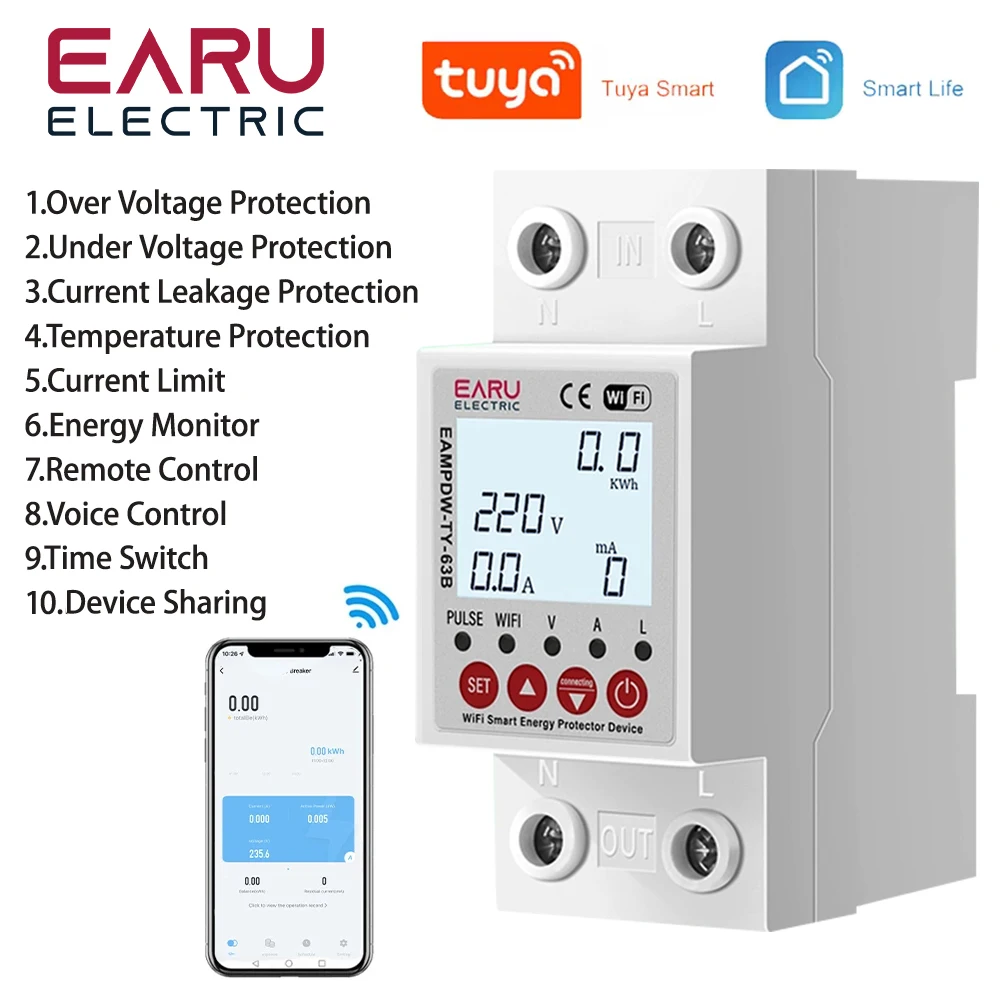 2P 63A TUYA APP WiFi Smart Circuit Earth Leakage Over Under Voltage Protector Relay Device Switch Breaker Energy Power kWh Meter