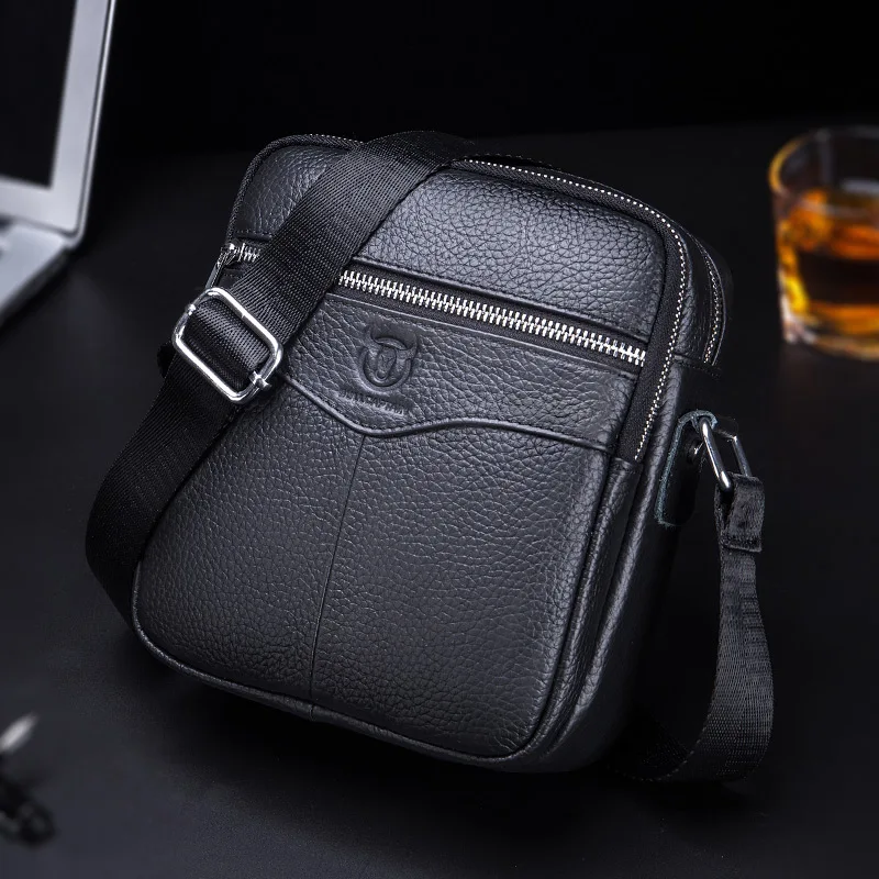 Bolso de hombro informal para hombre, bandolera de cuero genuino con cremallera para Ipad de 8 pulgadas, de negocios, sólido, de viaje