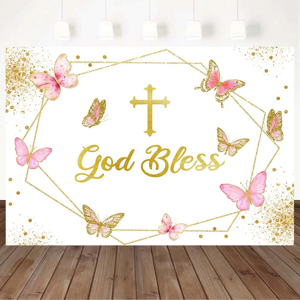 Mocsicka Cross God Bless Baby Baptism Backdrops My First Holy Communion Newborn Photography Baby Shower Photo Background Banner