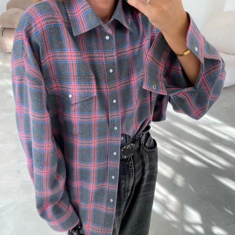 European And American Retro Fashion Women's Lapel Loose Shirt Plaid Long Sleeved Pocket Shirt