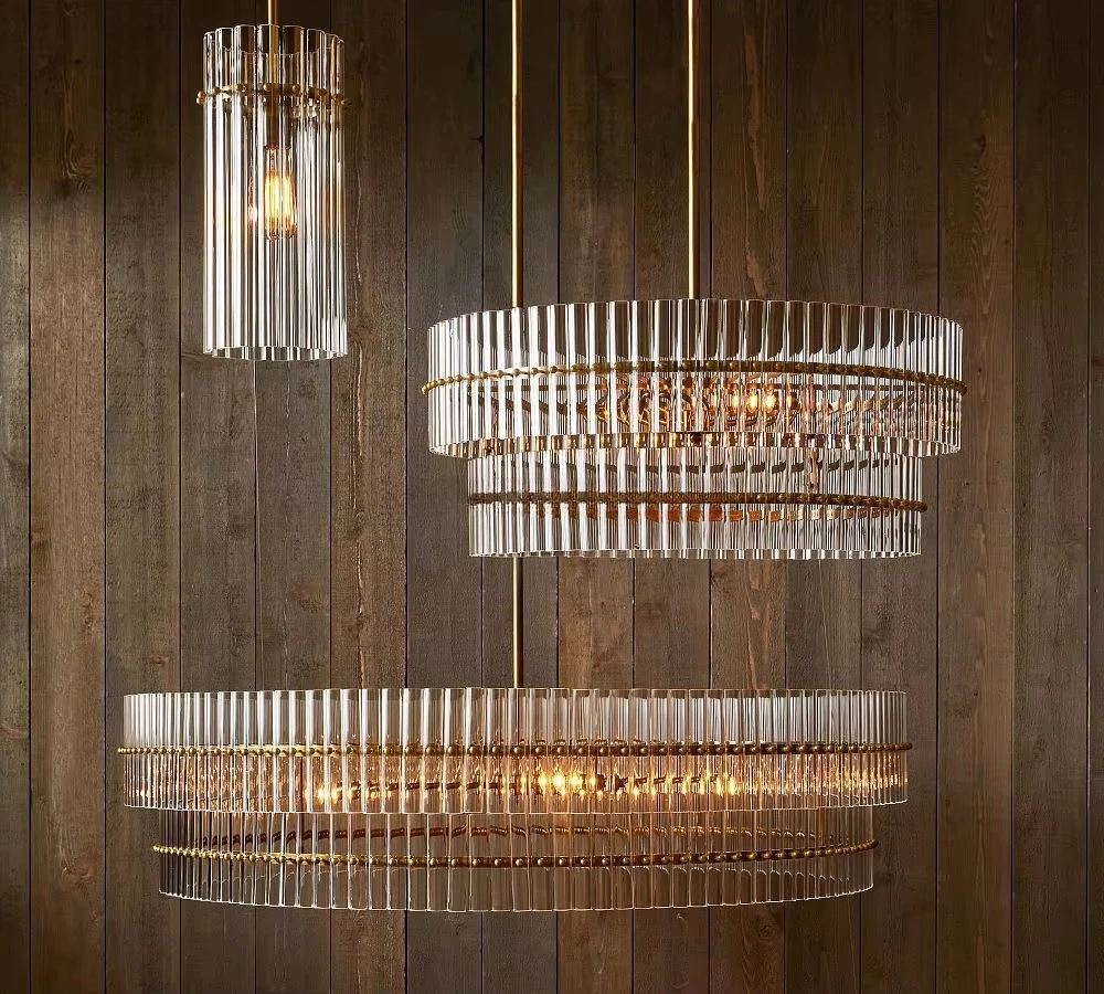 Luxury Circular Two-Tier Ribbed Glass Drum Chandelier for High-End Hotel Residential Foyer Dining Room